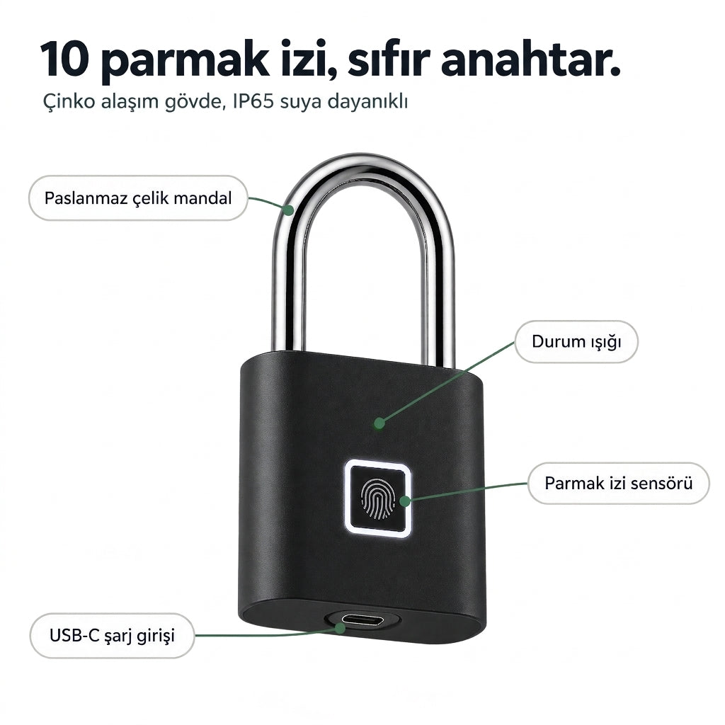 Parmak İzi Kilit – Şarjlı Anahtarsız Akıllı Asma Kilit, USB’li Güvenlik Kilidi