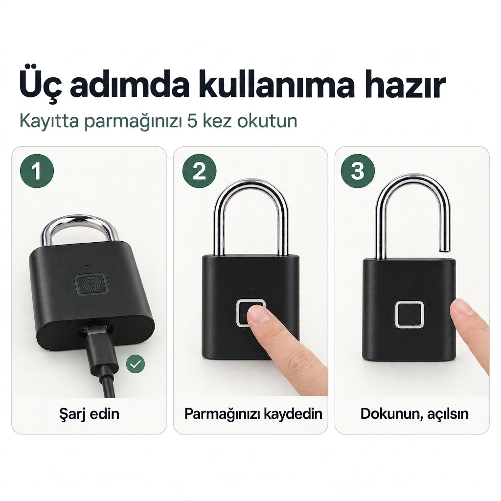 Parmak İzi Kilit – Şarjlı Anahtarsız Akıllı Asma Kilit, USB’li Güvenlik Kilidi