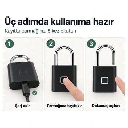 Parmak İzi Kilit – Şarjlı Anahtarsız Akıllı Asma Kilit, USB’li Güvenlik Kilidi